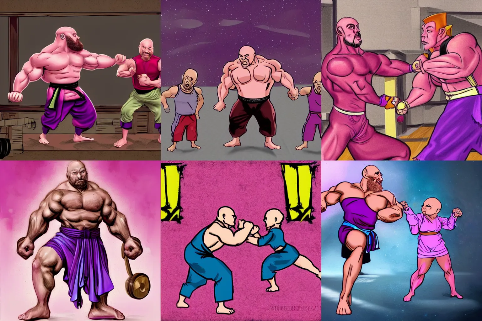 Prompt: a very muscular bald Bodybuilding dwarf is wearing a pink dress. he has a purple chin beard. he is doing karate and is fighting with kids. digital art. star trek fans cheering in the background.