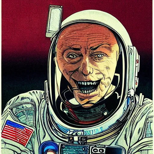 Image similar to portrait of berlusconi naraka astronaut painted in miyazaki color style drawn by katsuhiro otomo and takato yamamoto, high detail, intricate linework, sharp, monster face, perspective, manga and anime