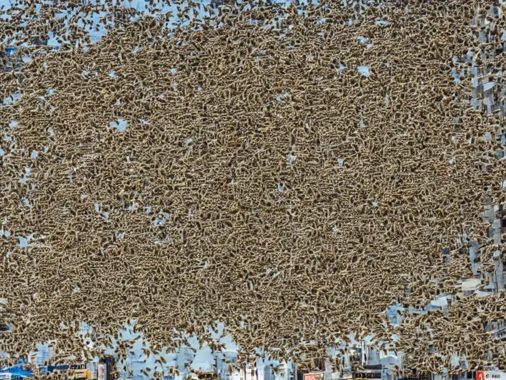 Prompt: swarm of bee's. infestation in the city. city dwellers run for their lives. terrorist attack.