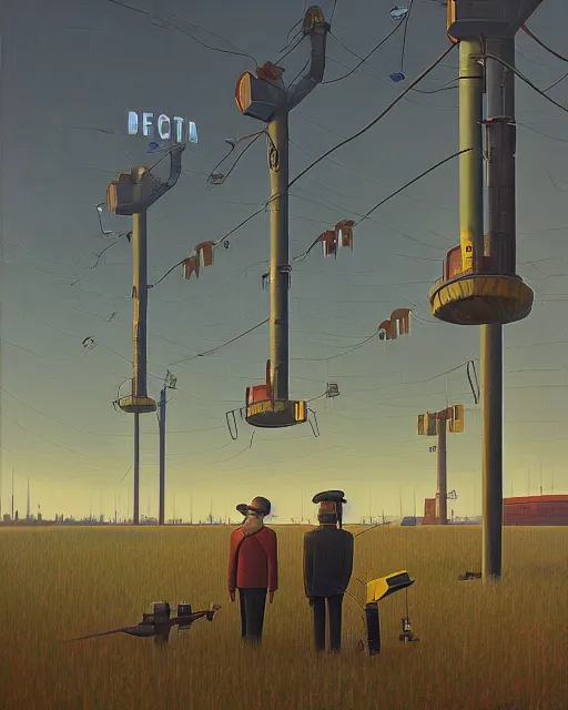 Image similar to corporate data theft by Simon Stålenhag and Grant Wood, oil on canvas