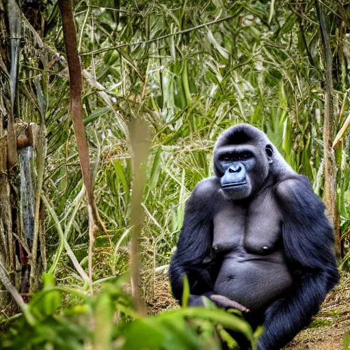Image similar to National Geographic photo of half gorilla half human in the Australian bush