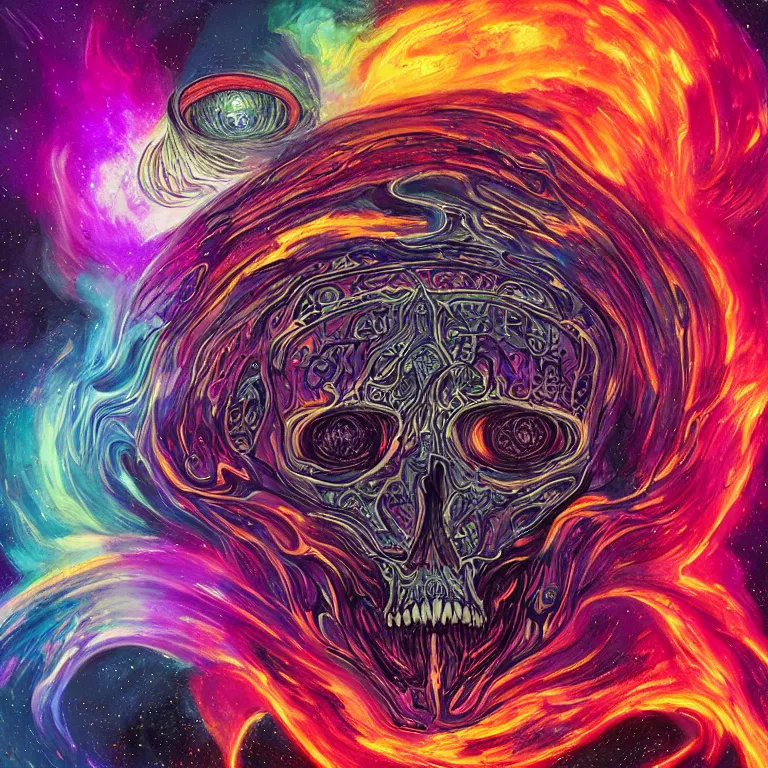 Prompt: a centered giant skull with intricate rune carvings and glowing eyes with thick lovecraftian tentacles emerging from a space nebula by dan mumford, symmetry, twirling smoke trail, a twisting vortex of dying galaxies, digital art, vivid colors, highly detailed