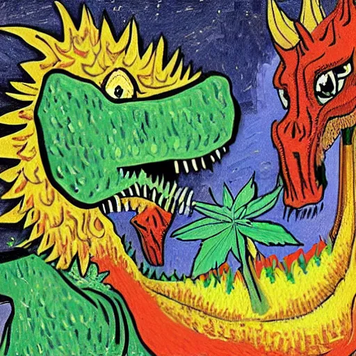 Prompt: dinosaurs smoking cannabis, vibrant colors, by vincent van gogh