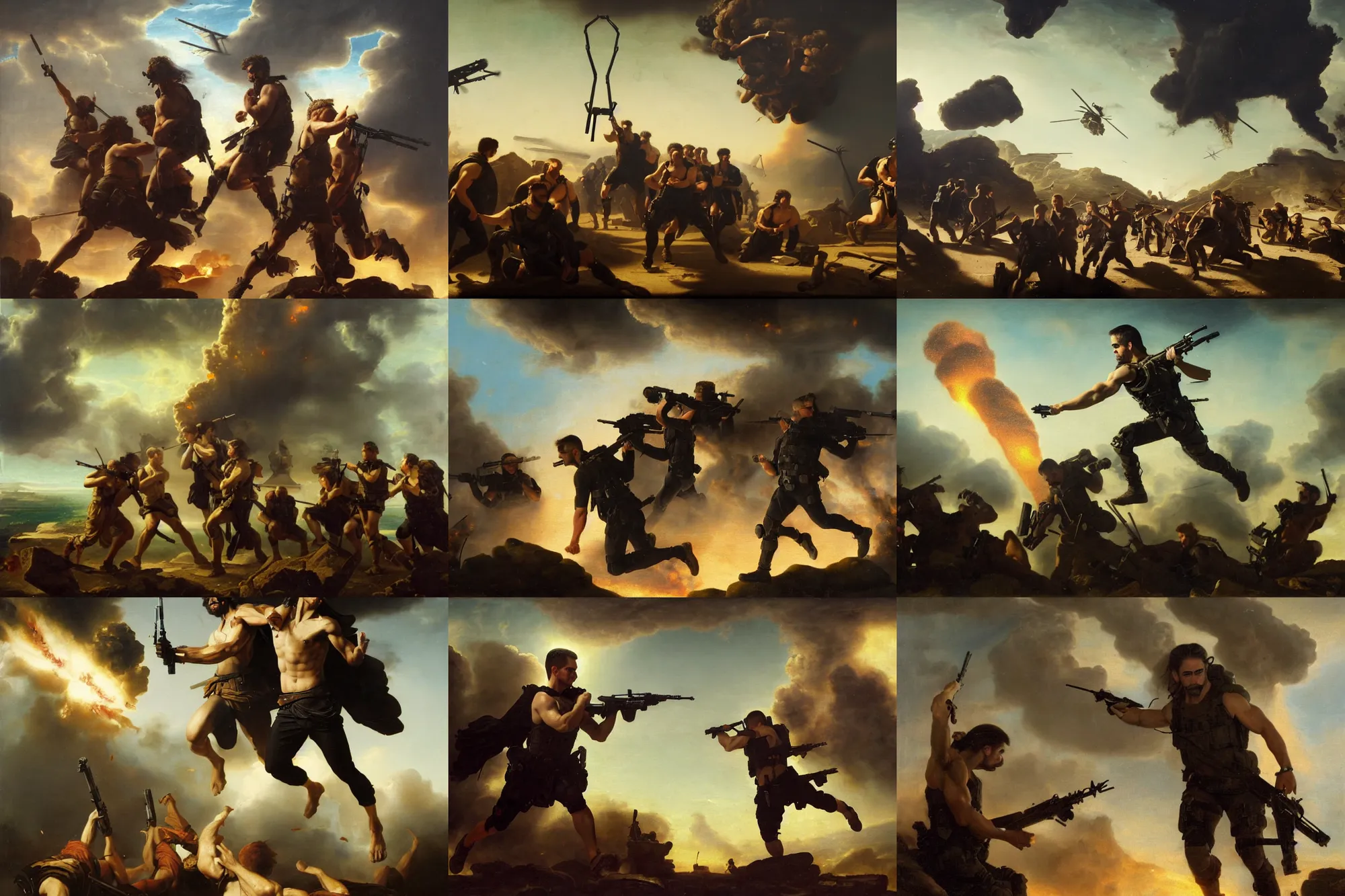 Prompt: colin farrell as a special operations member, explosions, active shooters, in the style of greek mythology, oil reinassance painting by cornelis van poelenburgh and dosso dossi, ultra detailed, concept art, 8 k what