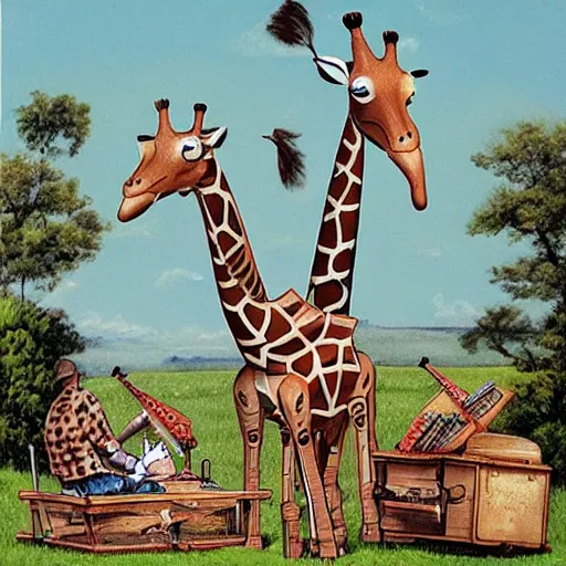 Prompt: mechanical giraffes, having a picnic, realistic,