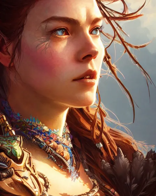 Prompt: Aloy (Horizon Zero Dawn), closeup, D&D, fantasy, intricate, elegant, highly detailed, digital painting, artstation, concept art, matte, sharp focus, illustration, hearthstone, art by Artgerm and Greg Rutkowski and Alphonse Mucha