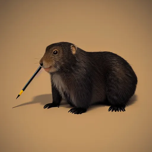 Image similar to cute anthro brown marmot in a black tuxedo while holding a pencil, pixar character, digital art, 3 d rendered in octane, blender, maya, shadows, lighting