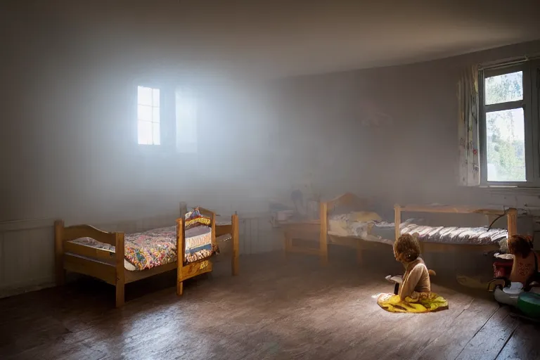 Image similar to a house made for childrens, alone, fog, inside, 2000s photo