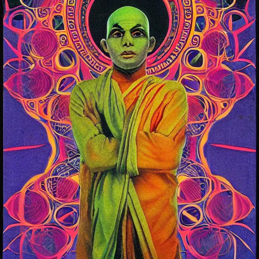 Prompt: 2 1 st century monk, sri lanka, silent, no talking, paranoia, symmetrical, concept art, intricate detail, volumetric shadows and lighting, psychedelic colors, vibrant, 1 9 7 0 soviet poster