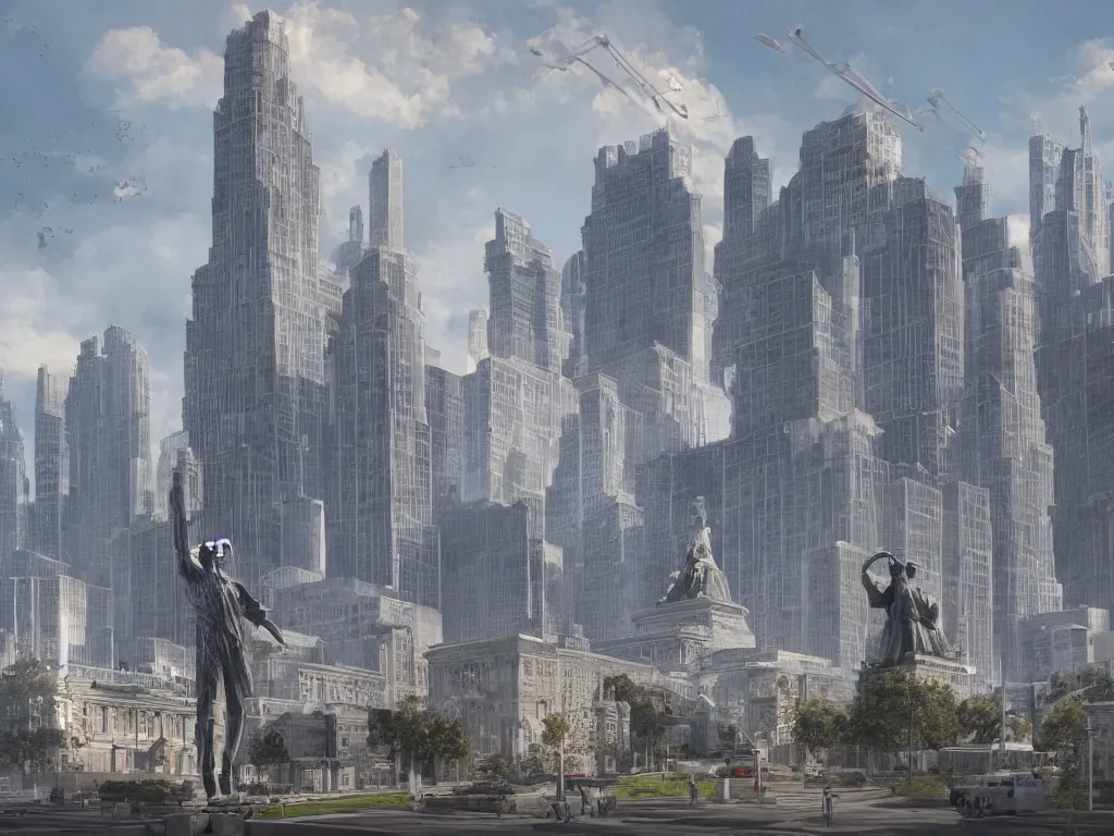 Image similar to architecture concept art by fan wennan. future capitol of the american communist party shining in the sun, communist statue and insignia, hyperdetailed, cinematic, photorealistic, hyperrealism, masterpiece, grounded communist governmental architecture, statue, imposing, strength, abundance, life