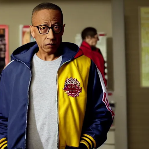 Prompt: gus fring in a riverdale varsity jacket, still from breaking bad
