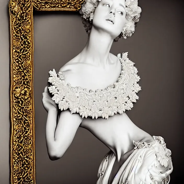 Image similar to photo portrait of a beautiful woman like a queen-ethereal-angel, dressed in long elegant intricate ornamental baroque white dress, intricate fractal highly detailed baroque ornament in the upper side of breast, bust with a very long neck , elegant, highly detailed intricate baroque ornament in her hair, Realistic, Refined, Highly Detailed, Cinematic cold Lighting, fine art photography by Paolo Roversi, volumetric studio lighting, hyper realistic photography