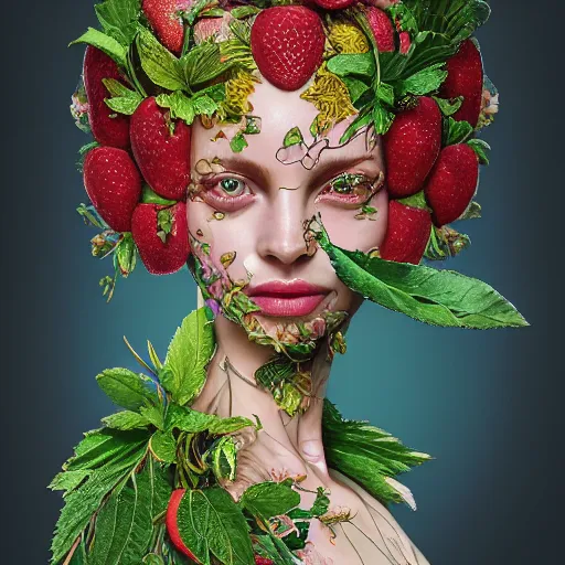 Prompt: the portrait of an absurdly beautiful, graceful, elegant, sophisticated, vogue woman made of strawberries and green petals looking up, an ultrafine hyperdetailed illustration by kim jung gi, irakli nadar, intricate linework, bright colors, octopath traveler, final fantasy, unreal engine 5 highly rendered, global illumination, radiant light, detailed and intricate environment