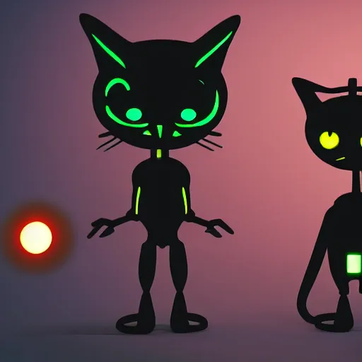 Prompt: an alien cat and a robot, dynamic lighting