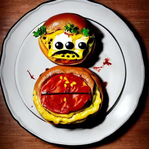 Image similar to a humanoid bipedal upright zombie that strongly resembles a hamburger, professional food photography