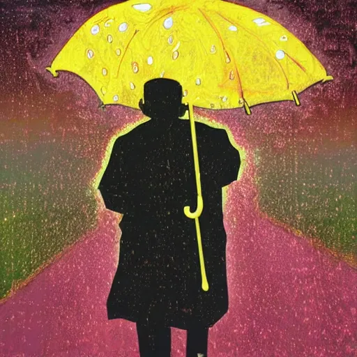 Prompt: an umbrella covering an old man in the acid rain, psychodelic
