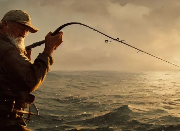 Image similar to close up cinematic artwork of a random old fisherman holding a fishing rod, staring down the enemy on the battlefield by Greg Rutkowski, 4k, masterpiece