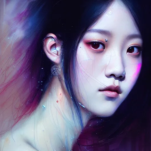 Image similar to jisoo of blackpink, hyperrealistic portrait, bladerunner street, by karol bak and agnes cecile, fantasy art, photo realistic, dynamic lighting, artstation, poster, volumetric lighting, very detailed face, intricate complexity, rule of thirds, 8 k, award winning, unreal engine