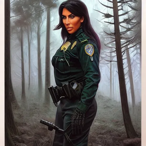 Image similar to kim kardashian as a cop wearing a police uniform, face portrait, scared emotion, haunted forest with a ufo sitting in the fog, pretty, aesthetic, dust molecules, matte detailed photo, DeviantArt, Artstation, by donato giancola, ralph horley, loish, ufo lighting