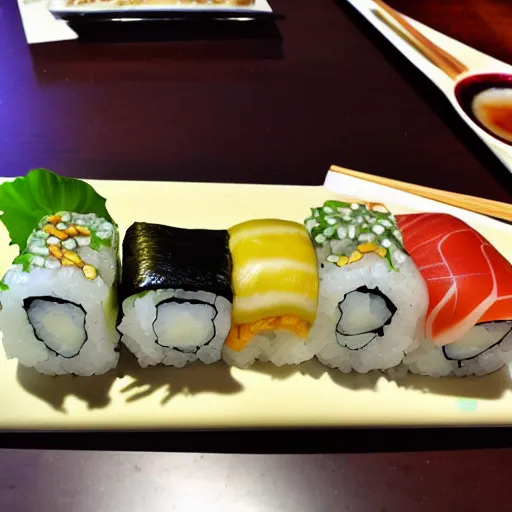 Prompt: an ultra realistic photo of japanese sushi with soy sauce, ultra detailed, super realistic, 8 k