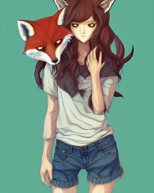 Image similar to fullbody portrait of wild half - fox woman with fox nose and ears, wearing summer jeans shorts and tshirt, anime art, concept art, detailed attractive face with fox nose and fox mouth, symmetrical, trending on pixiv, by lois van baarle by sung choi by john kirby artgerm style pascal blanche and magali villeneuve and hayao miyazaki