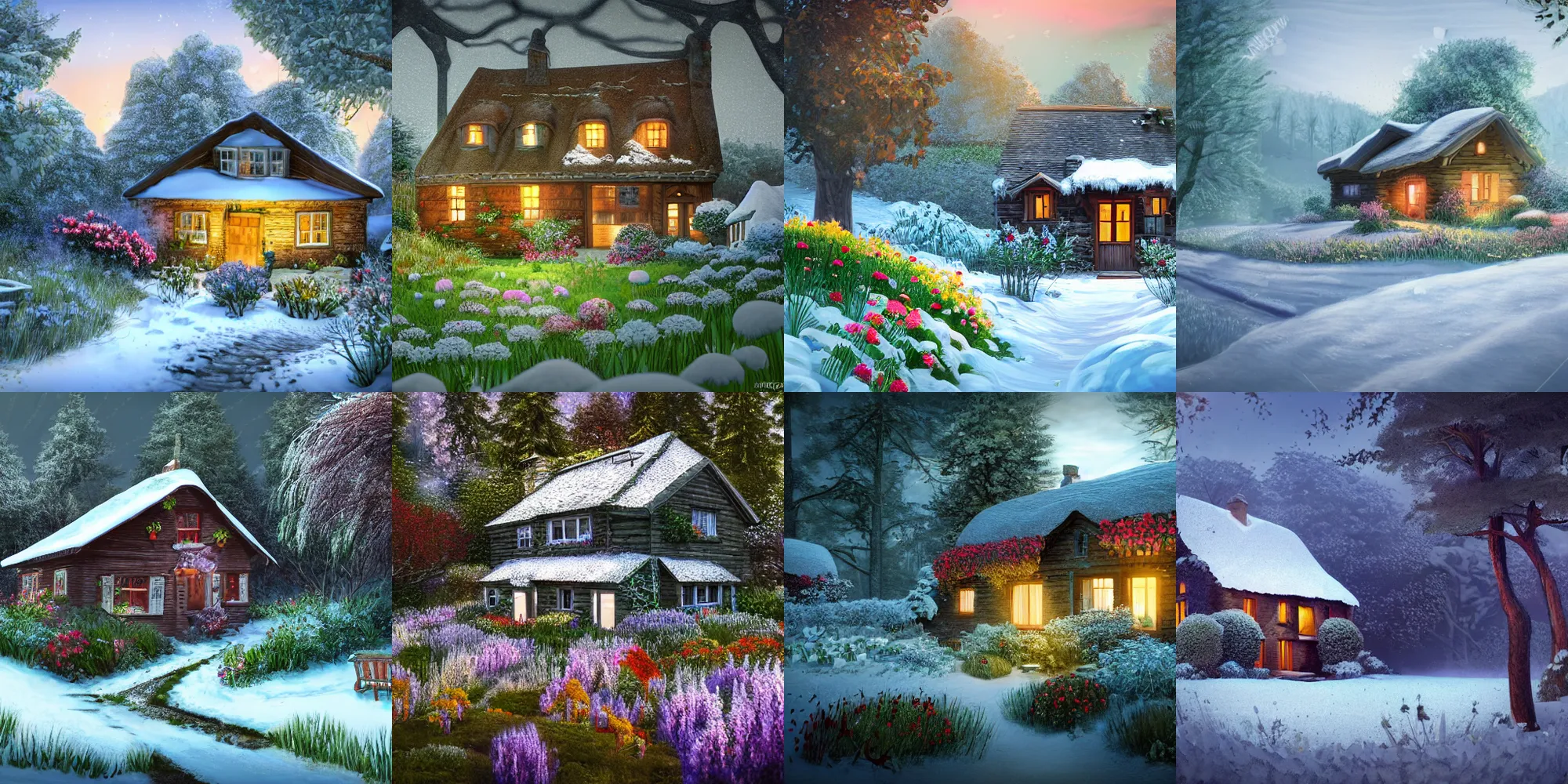 Prompt: very wide shot of cottage surrounded by a well kept garden, flowers, cold, snow, particles, forest, illustration, detailed lighting, hdr, in the style of james gilleard