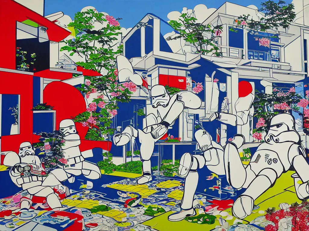 Image similar to hyperrealism composition of the japanese home with a garden, detailed stormtrooper in hot springs, pop - art style, jacky tsai style, andy warhol style, roy lichtenstein style, acrylic on canvas