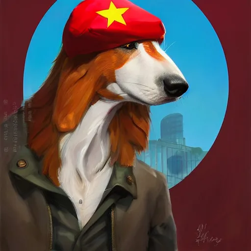 Image similar to Portrait painting of a antropormophic Red Borzoi Dog using a communist red beret as an Overwatch character, medium shot, asymmetrical, profile picture, Organic Painting, sunny day, Matte Painting, bold shapes, hard edges, street art, trending on artstation, by Huang Guangjian and Gil Elvgren and Sachin Teng
