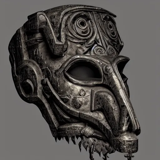 Image similar to an ominous dark ancient mask. cracks. hyper - detailed. gothic steampunk baroque. symmetric. epic. hyper - realistic. unreal render.