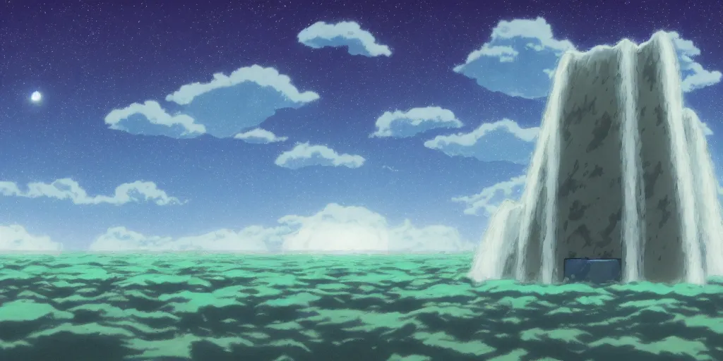 Image similar to a cell - shaded studio ghibli concept art study of a square dimensional time portal in the air over a flooded desert on a misty starry night. a waterfall is flowing out of the portal. very dull colors, hd, 4 k, hq