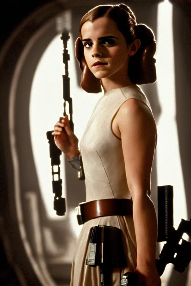 Image similar to Emma Watson as Princess Leia, posing for a Portrait. Still from Star Wars: A New Hope. 4K HD Wallpaper. Premium Prints Available.