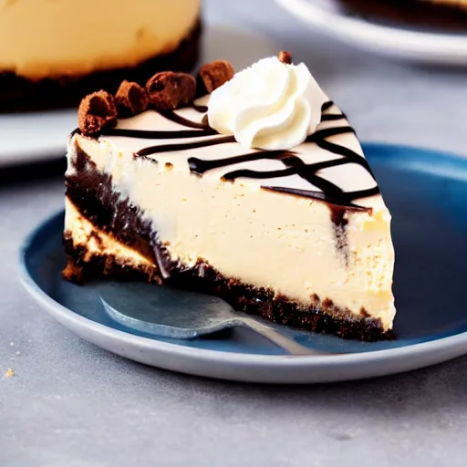 Image similar to photograph of a Cookie Dough Cheesecake with whipped cream and hot fudge dripping over it, 4K