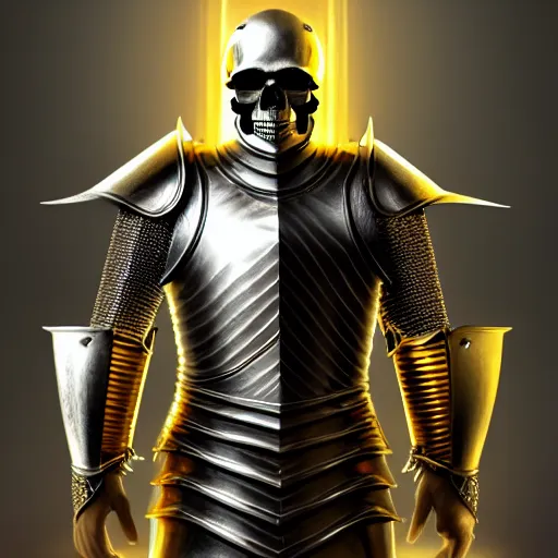 Image similar to a knight in a shiny gold and silver armor, his head is a skull, fantasy art, digital art, trending on artstation, matte painting, 8 k, ultra detailed, looks like it was made by dall - e 2