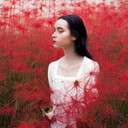 Image similar to black haired girl in victorian clothing surrounded in a forest full of red spider lily flowers on a semi-cloudy day, 4k detailed