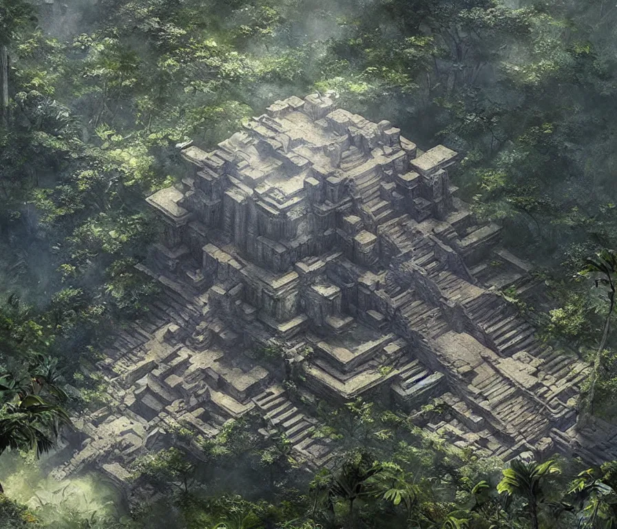 Prompt: a cinematic view of the beautiful ruins of a futuristic mayan temple in the jungle of yucatan, art by federico pelat and greg rutkowski and alejandro burdisio