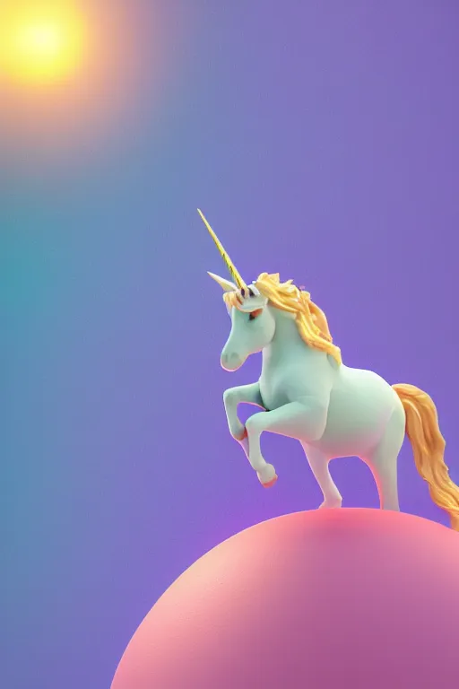 Prompt: geometric 3 d render, soft bright pastel, egg riding unicorn in the middle, mountains surrounding, rule of thirds