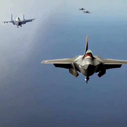 Image similar to “f-35 dogfight in the sky, world war 3, cinematic, atmospheric, high definition”