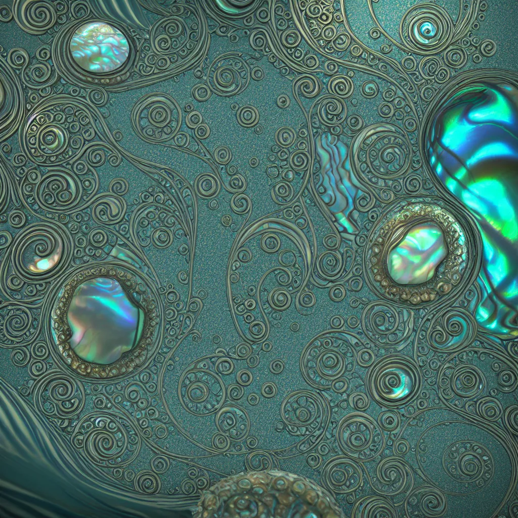 Prompt: bubbles in cresting oil slick waves, ammonites, abalone, ornate art nouveau glass ornament, rococo, organic rippling spirals, octane render