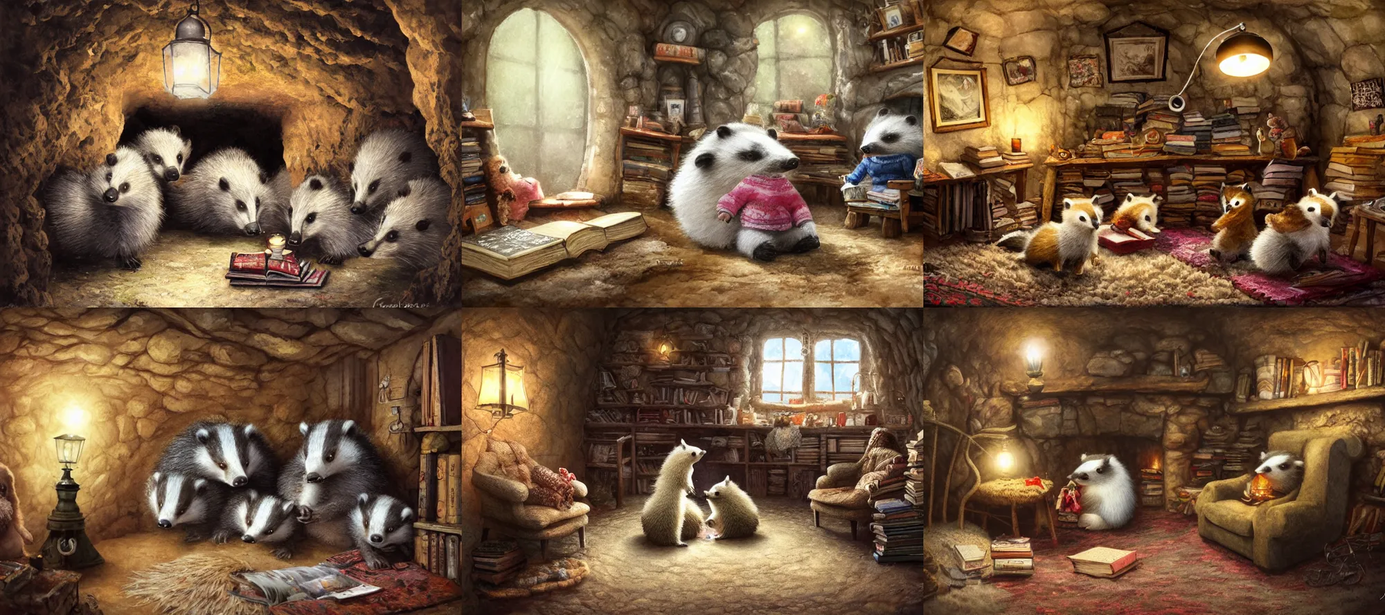 Prompt: cute fluffy badgers wearing clothes live underground in a cave, fish eye lens, dark, lantern light, kitchen table, comfy chairs, cosy fireplace, stack of books on side table, colorful rug on floor by fireplace, family framed on the wall, soft, cosy, craig mullins, james gurney, detailed watercolour,paper texture, low angle, hd, 4k