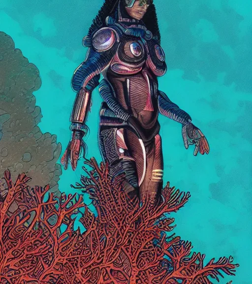 Image similar to a cyberpunk diver Polynesian woman swims through a dark bioluminescent alien coral reef, techwear, Industrial Scifi, detailed illustration, character portrait, by Martin Grip and Moebius