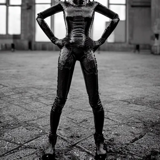 Image similar to fashion photography of an alien model, full body, wearing futuristic dark fashion, photo 3 5 mm leica, hyperdetail, berghain, 8 k, very detailed, black and white