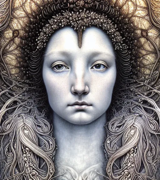 Image similar to detailed realistic beautiful snow goddess face portrait by jean delville, gustave dore, iris van herpen and marco mazzoni, art forms of nature by ernst haeckel, art nouveau, symbolist, visionary, gothic, neo - gothic, pre - raphaelite, fractal lace, intricate alien botanicals, ai biodiversity, surreality, hyperdetailed ultrasharp octane render