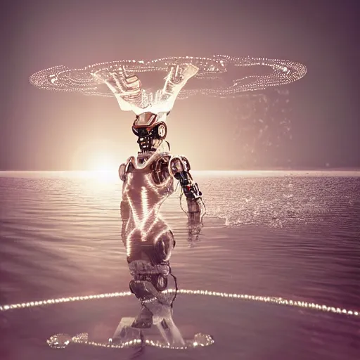 Image similar to beautiful centered fine art photo portrait of hoyeon jung as a solarpunk robotic humanoid treading on water, white mechanical parts with led lights, ultra - detailed and intricate, white background, sun lighting, soft focus, slow exposure hdr 8 k