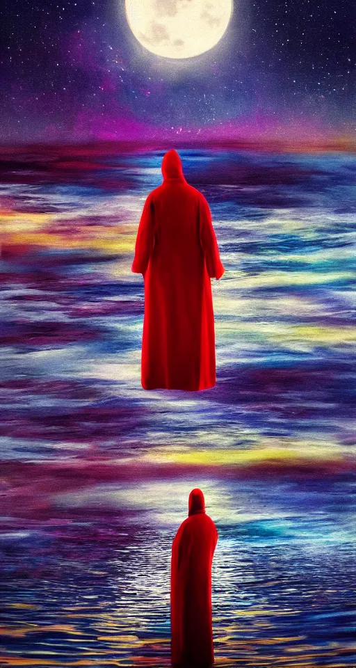 Prompt: beautiful colorful digital painting of a robed figure standing at the side of a dark lake, looking at the reflection of the moon in the water realistic, colorful, vibrant. highly detailed