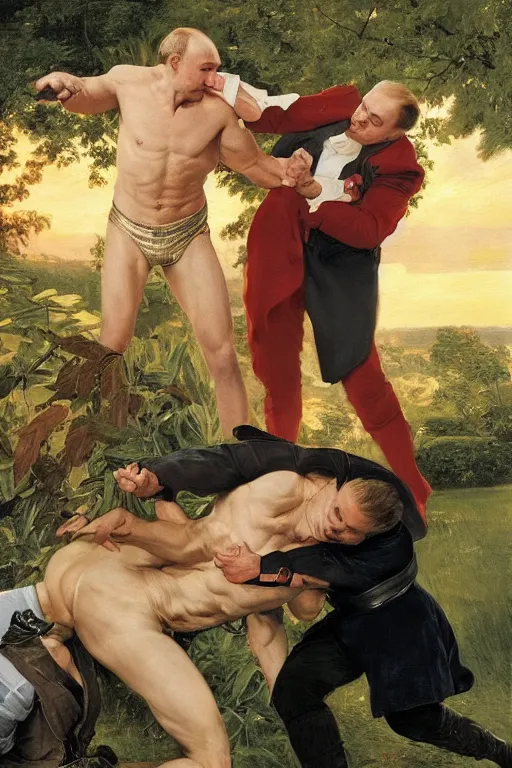 Image similar to Joe Biden wrestling Vladimir Putin, golden hour, in a garden, artstation, by J. C. Leyendecker and Peter Paul Rubens,