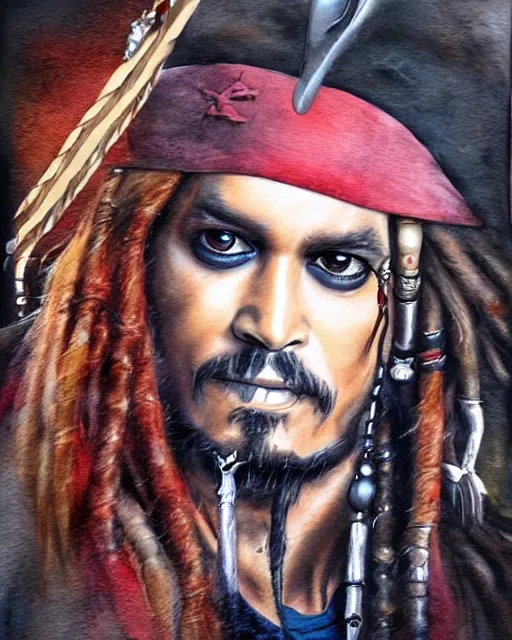 Image similar to portrait of captain jack sparrow, painterly style, matte illustration, watercolour