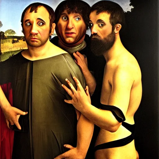 Image similar to matt stone and trey parker as the three stooges in a caravaggio painting