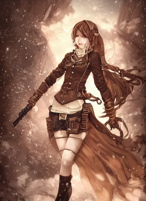 Image similar to girl with steampunk weapons and uniform, mad, intense, finely detailed, made by artgerm, ross tran, full body portrait, illustration, snow, snowing, cloudy, anime, side view, perfect anime face, realistic face, zoomed out, smooth, brown eyes, high waisted shorts