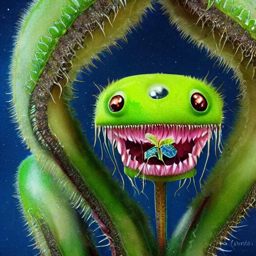 Prompt: cute anthropormorphic furry carniverous plants venus fly trap with very big open eyes and big teeth detailed painting 4 k