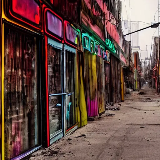 Prompt: thin tendrils of colored smoke whip and swirl around him as he walks down the lonely street of abandoned neon - lit storefronts
